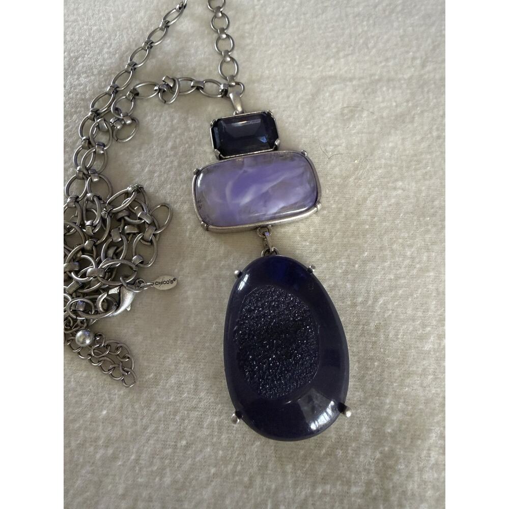 Chico's Necklace NWT Chunky Faux Purple Druzy Stones Pendant Brush Silver Chain
